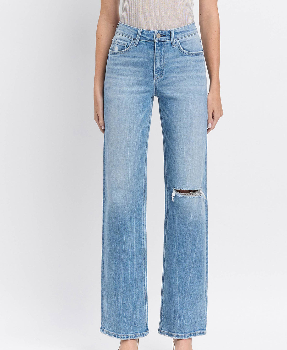 High Rise Distressed Slim Wide Jeans