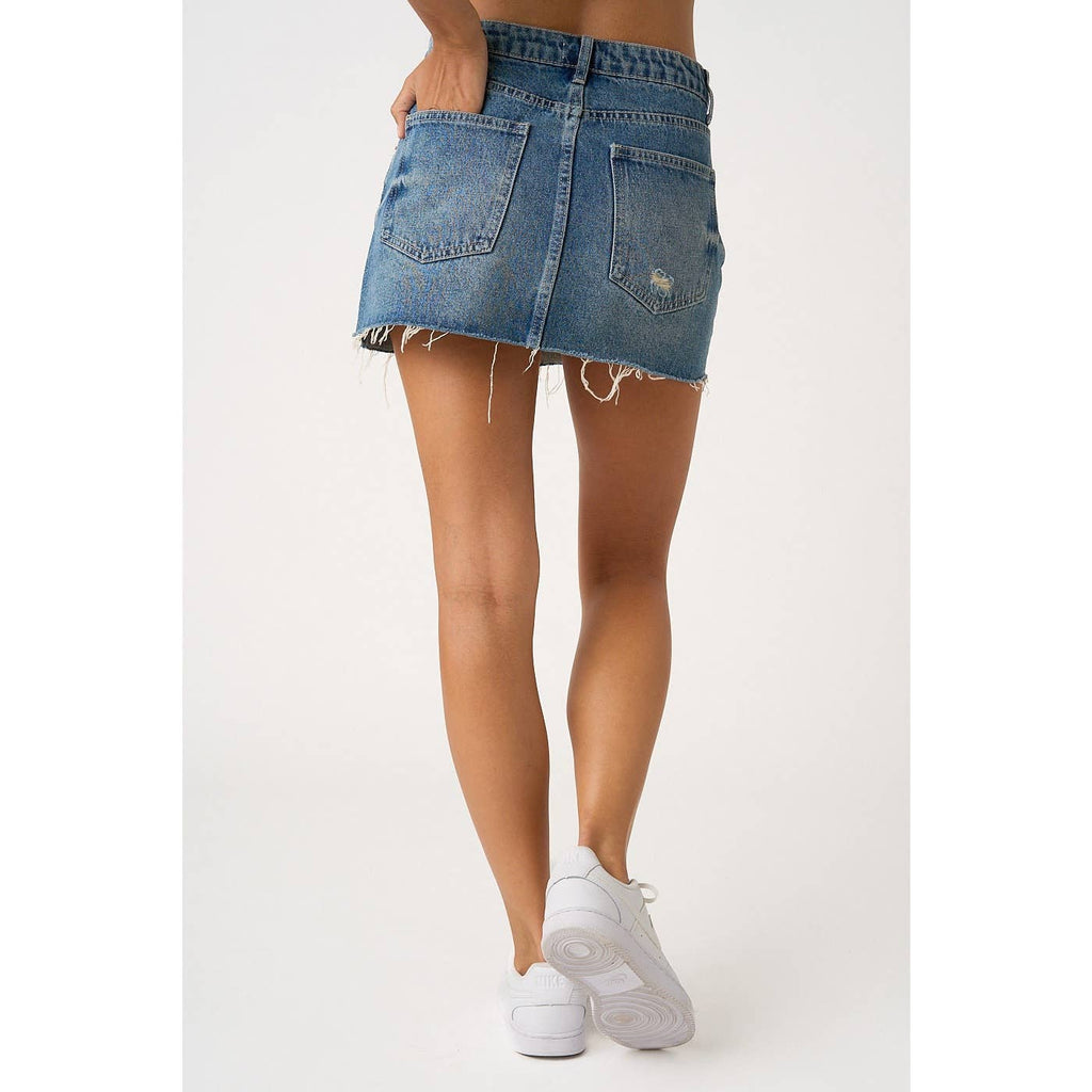 DISTRESSED HEM WASHED DENIM MINI SKIRT