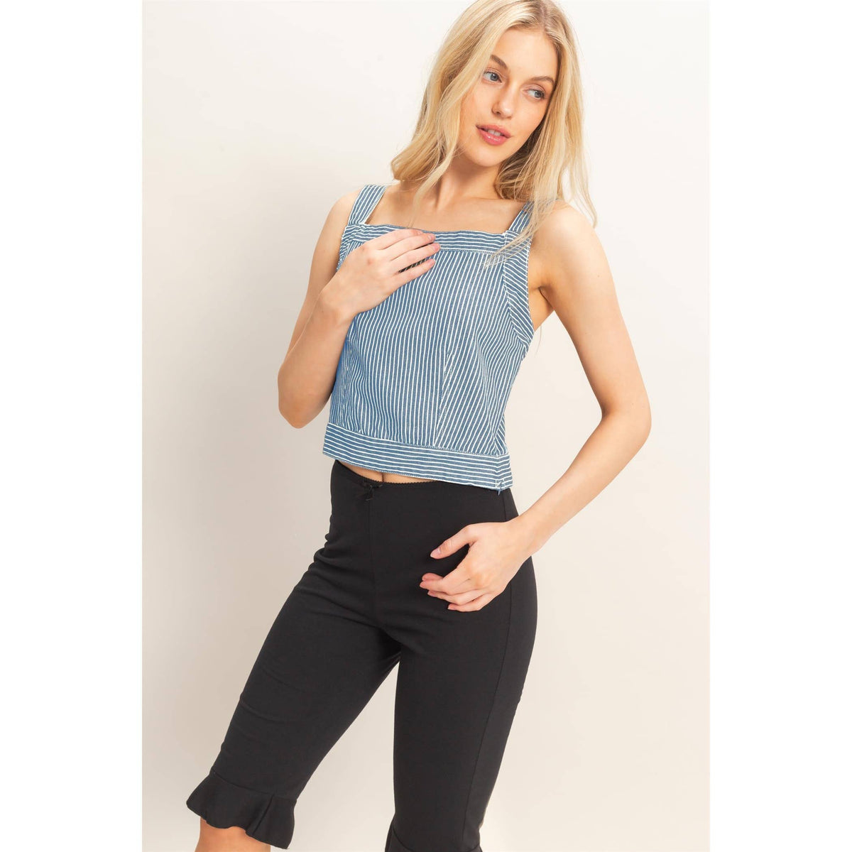 Square Neck Denim Back Tie Tank Top