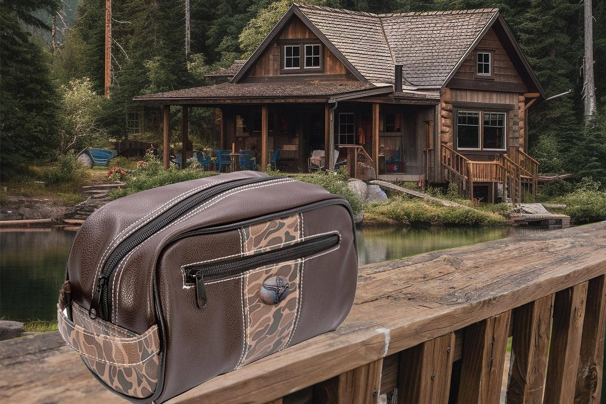 Mallard Brown Pebble Old School Camo Men's Toiletry Dopp Bag.