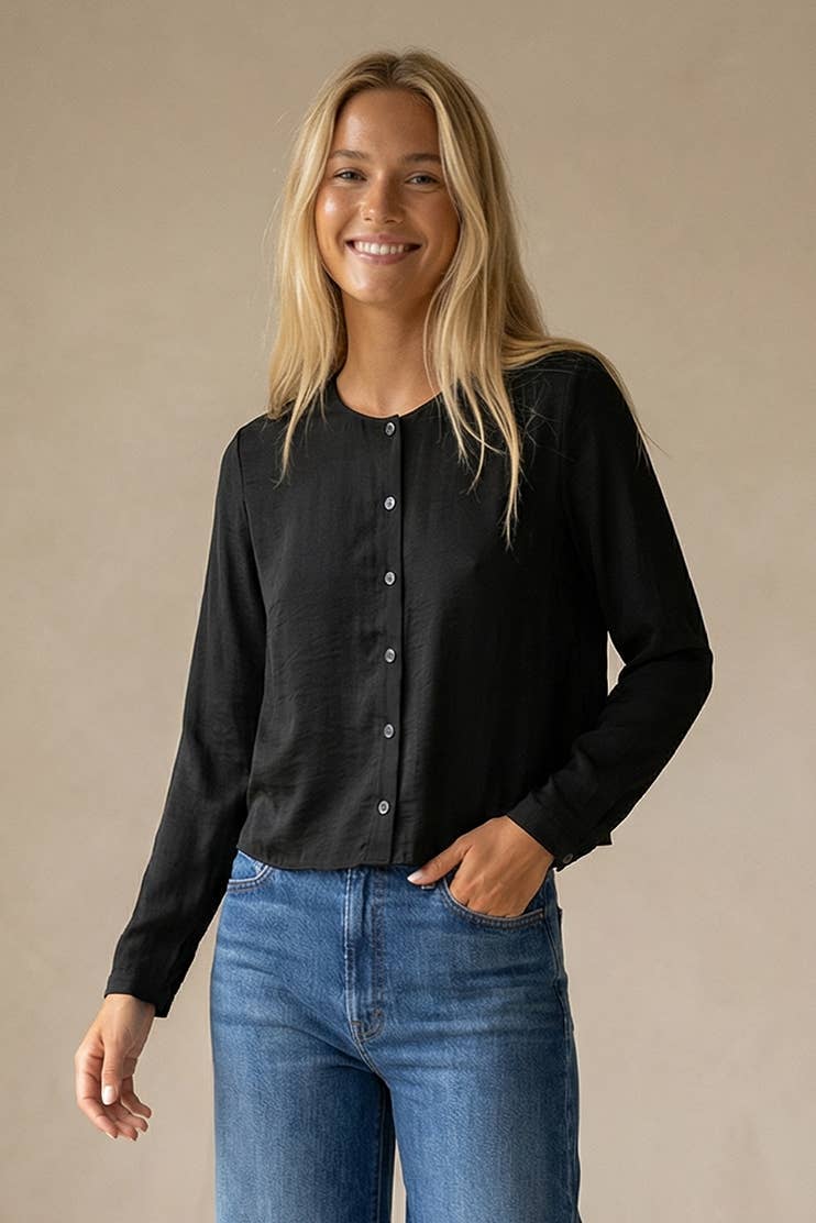Cropped Button-up Blouse With Round Neckline