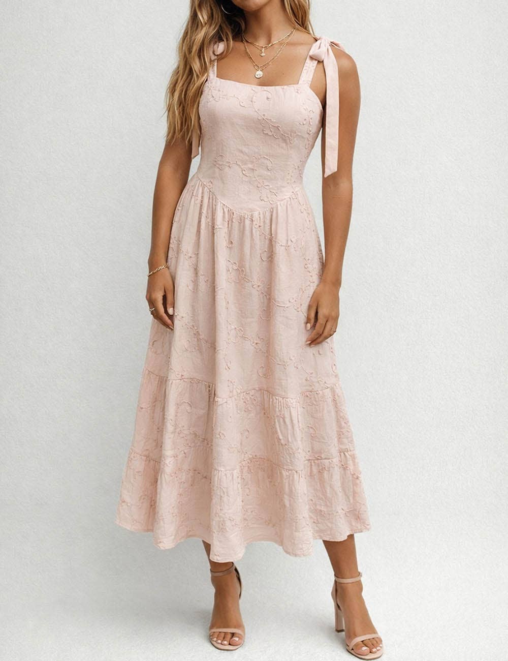 Embroidery Square Neck Midi Dress