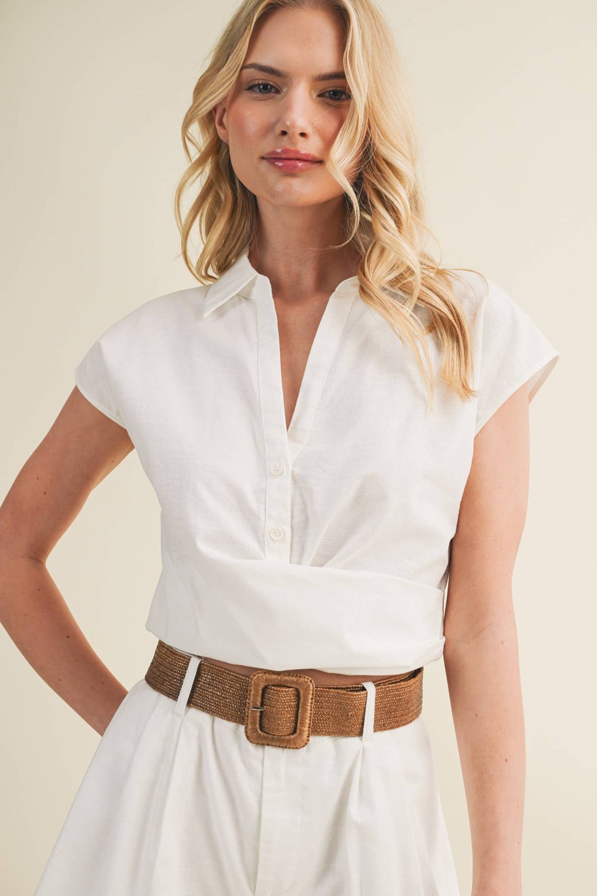 Collared V-Neck Folded Waist Top