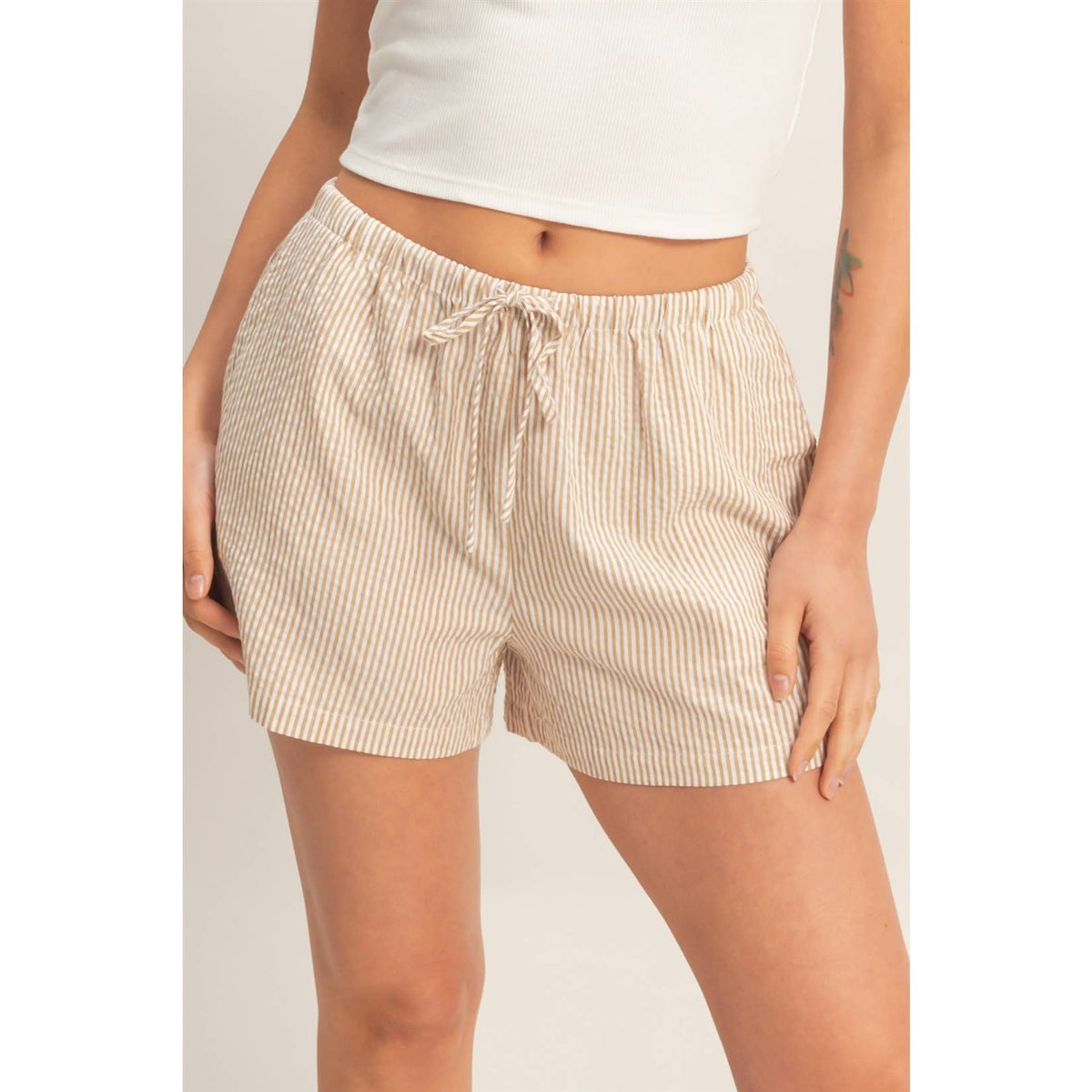 Taupe Striped Drawstring Waist Shorts