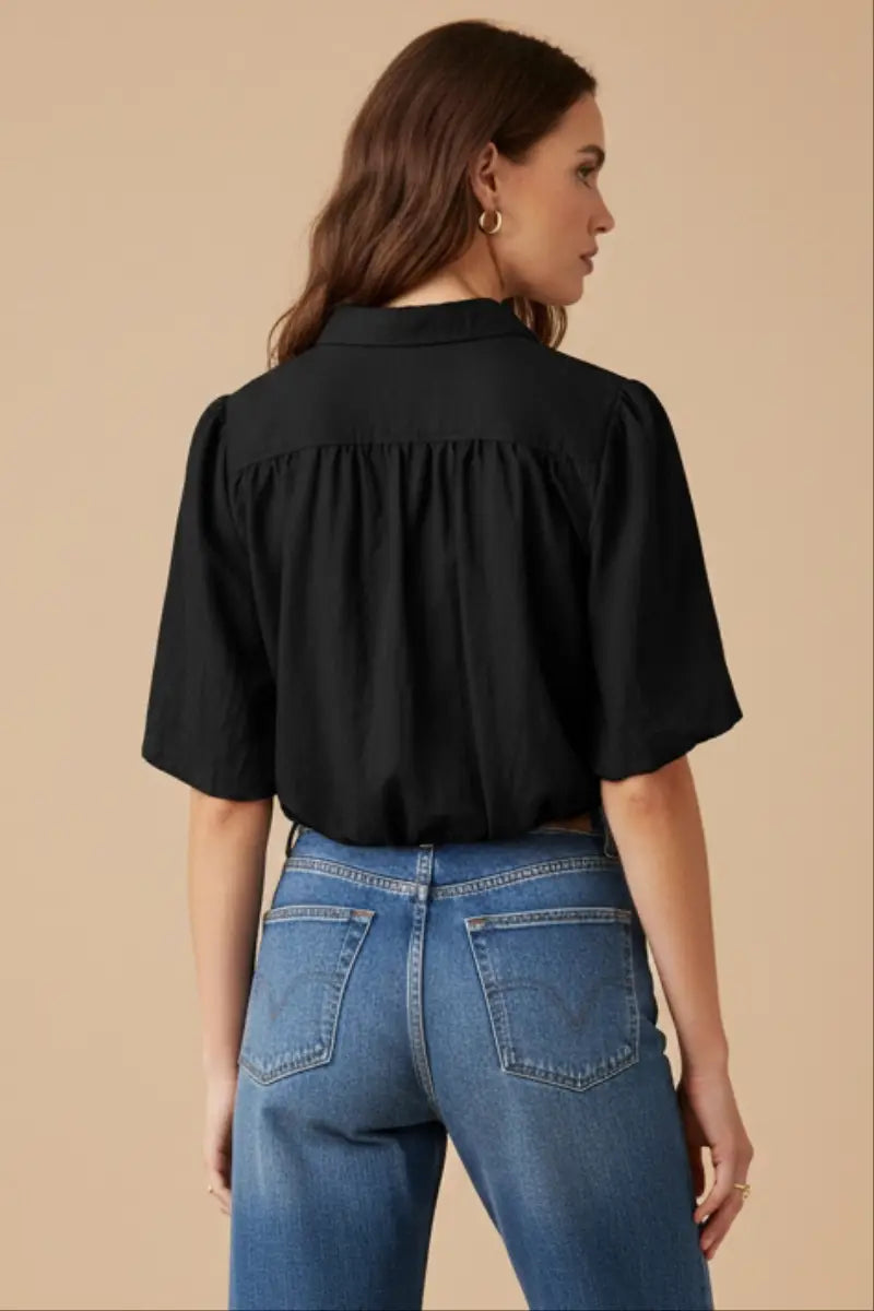 Short Sleeve Cropped Button Up Blouse
