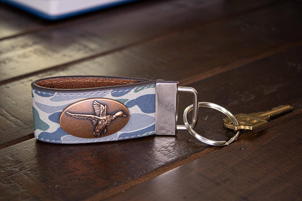 Mallard Hunting Old School Camo Leather Loop Keychain.
