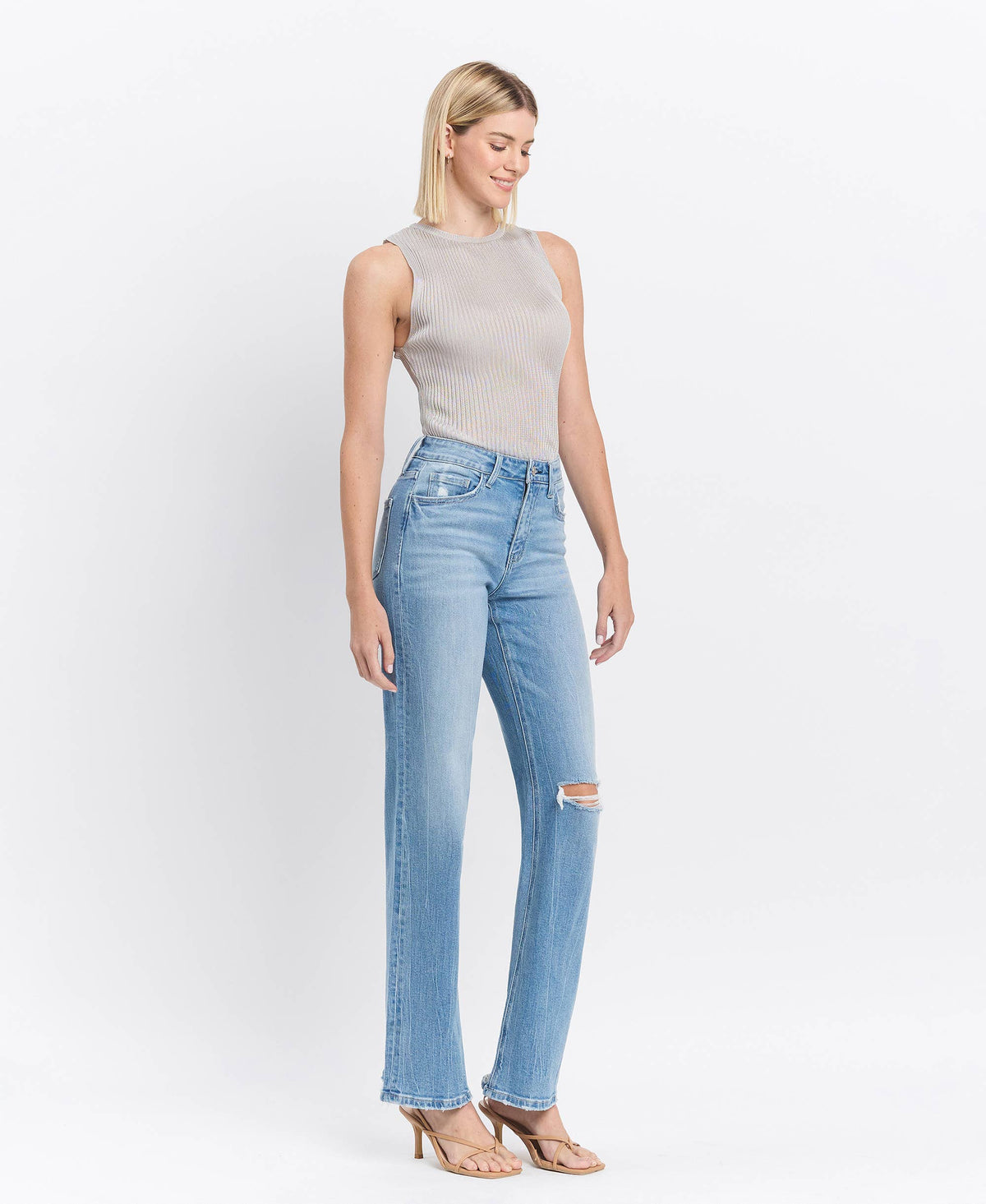 High Rise Distressed Slim Wide Jeans