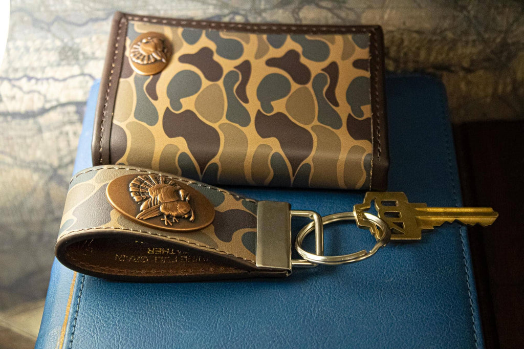 Turkey Hunting Old School Camo Leather Loop Keychain.