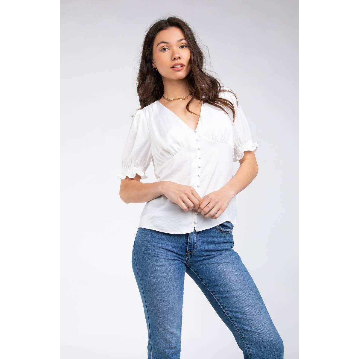 V-neck Button Down Puff Sleeve Blouse