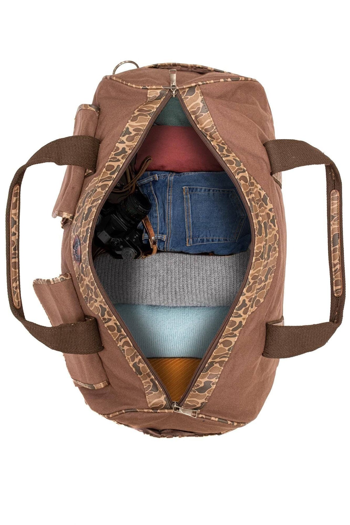 Buck Brown Waxed Canvas Old School Camo Weekender Bag.