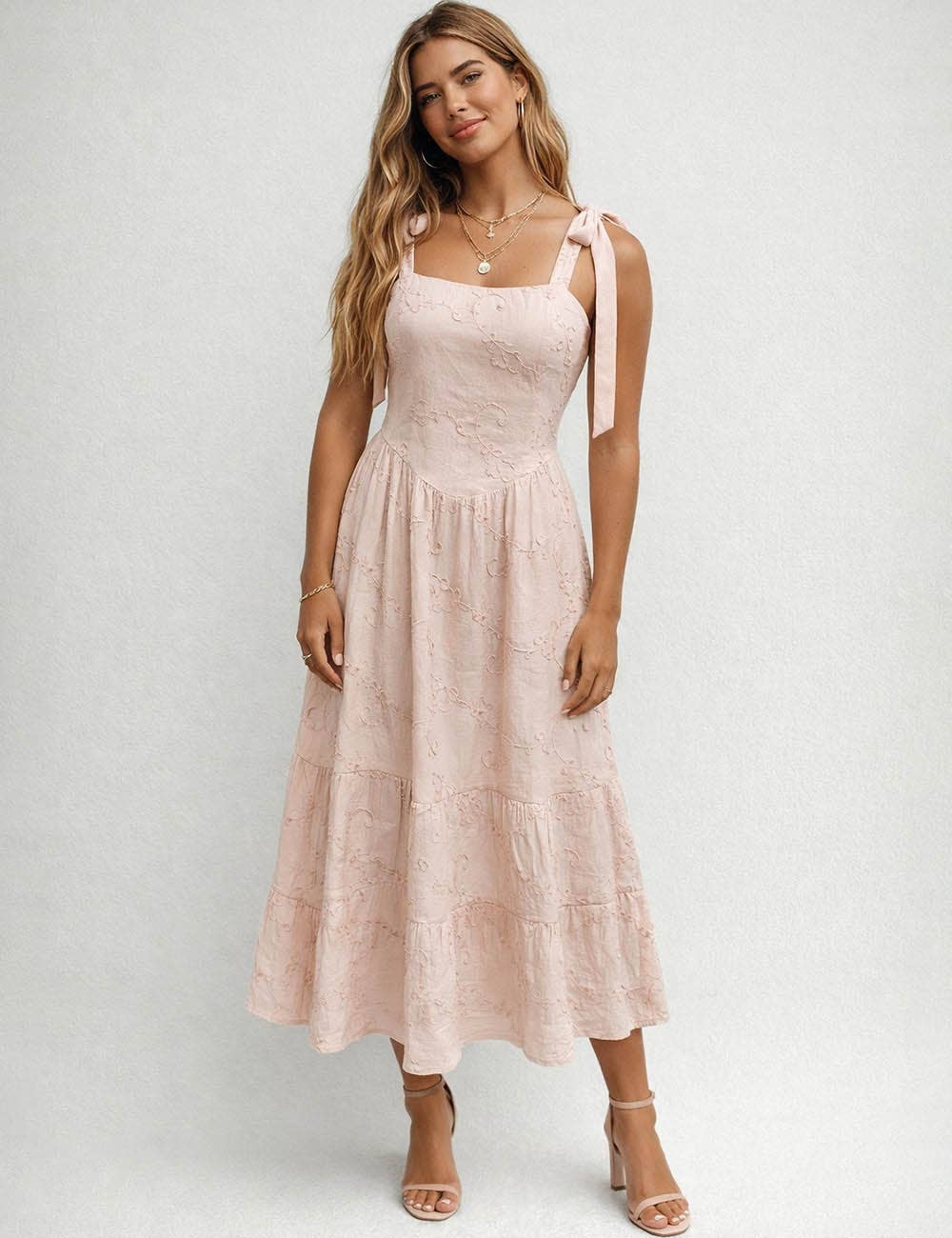 Embroidery Square Neck Midi Dress