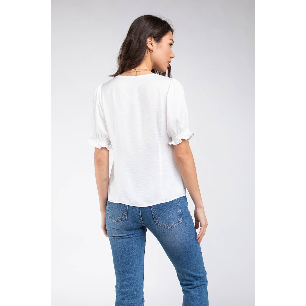 V-neck Button Down Puff Sleeve Blouse