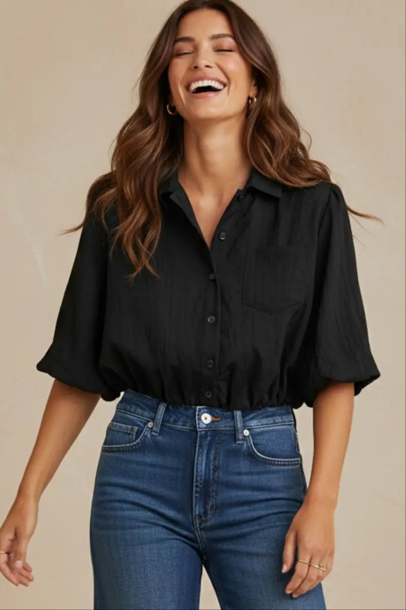 Short Sleeve Cropped Button Up Blouse