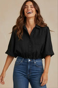 Short Sleeve Cropped Button Up Blouse