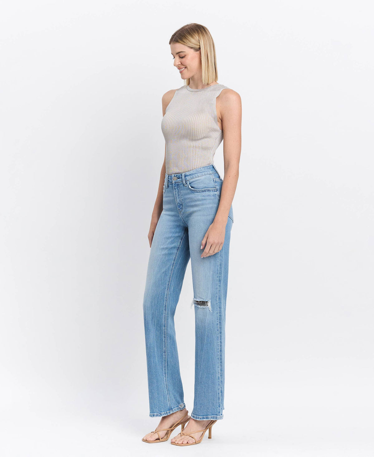 High Rise Distressed Slim Wide Jeans