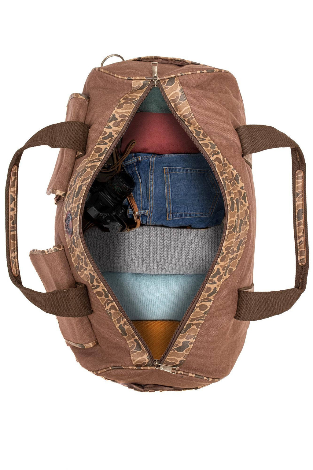 Turkey Brown Waxed Canvas Old School Camo Weekender Bag.