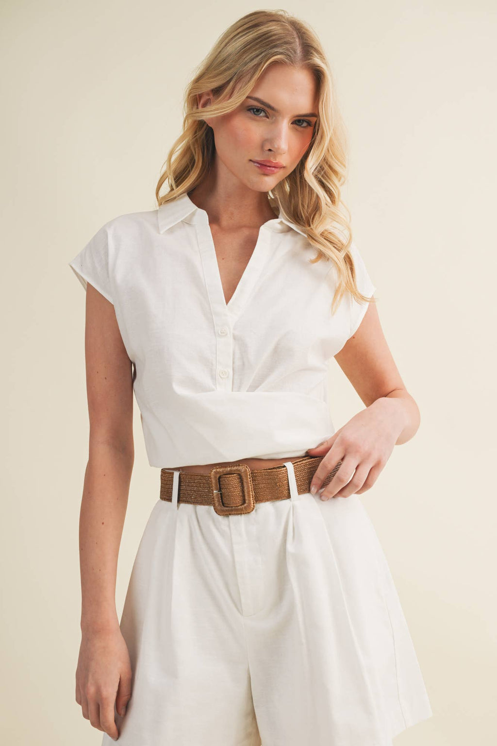 Collared V-Neck Folded Waist Top
