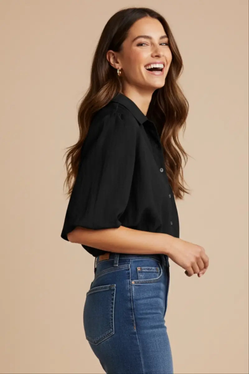 Short Sleeve Cropped Button Up Blouse