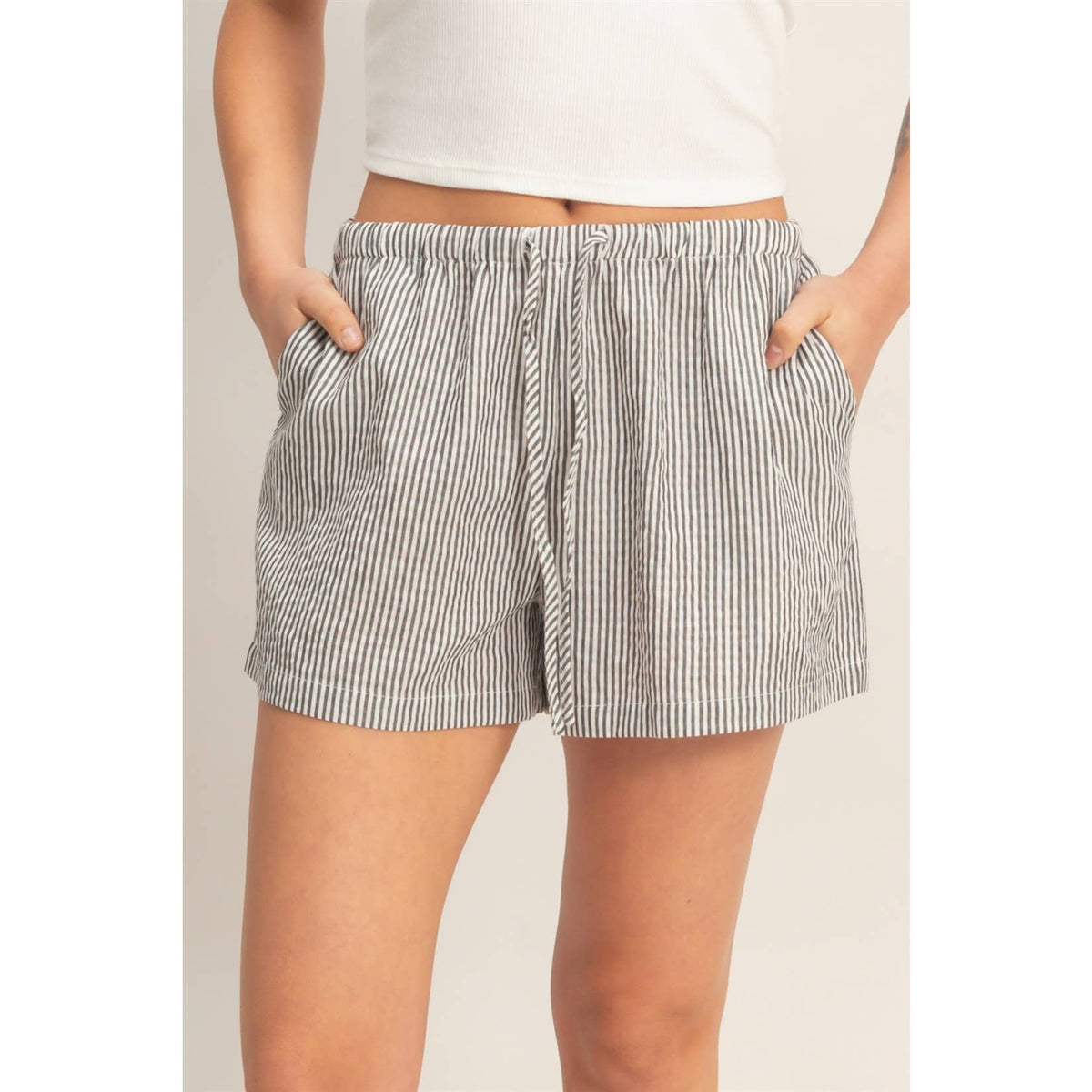 Black Striped Drawstring Waist Shorts
